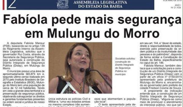 Deputada Estadual Fabíola Mansur pede mais segurança em Mulungu do Morro